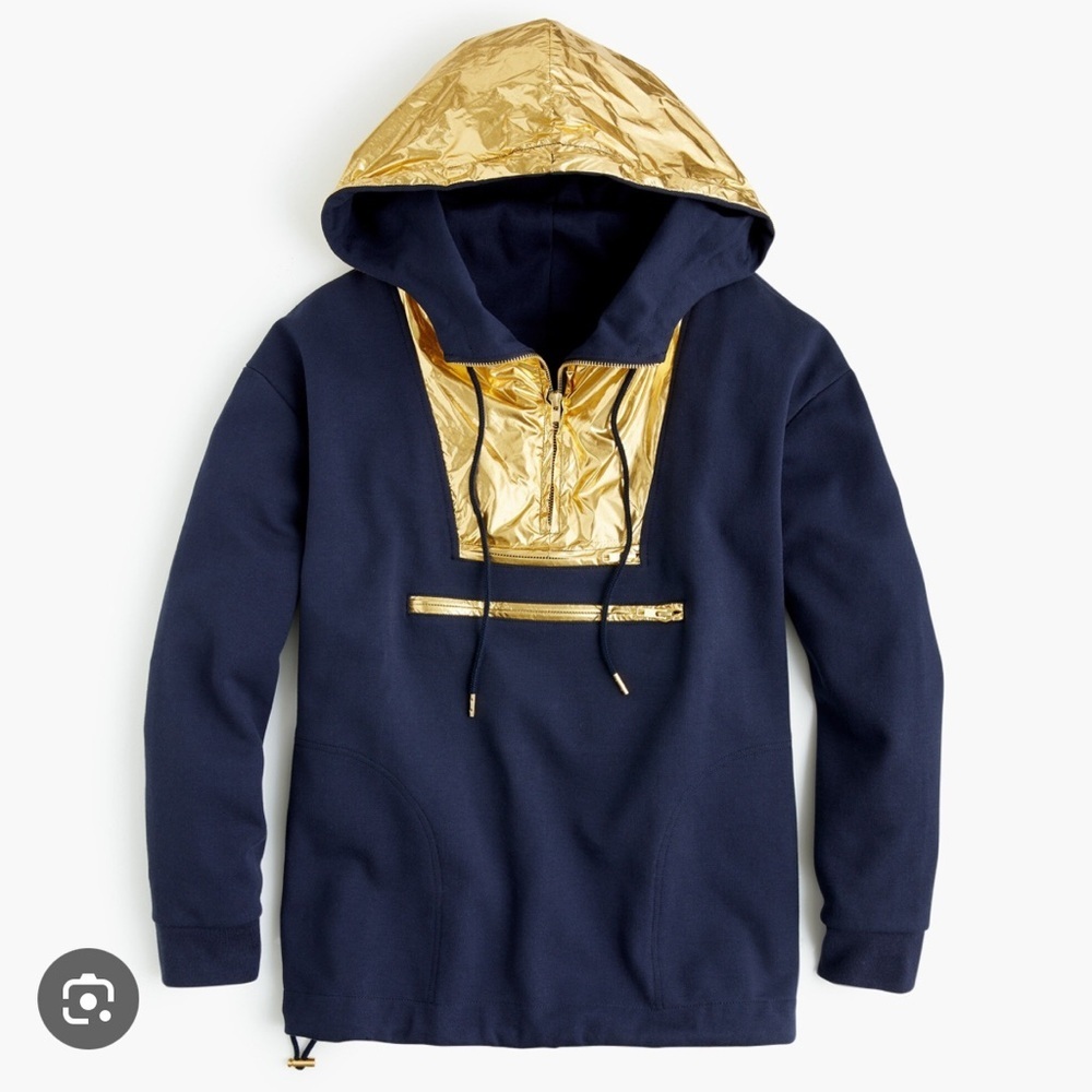 J.Crew Gold Foil Hoodie Navy Metallic Pullover Sweatshirt Size Small